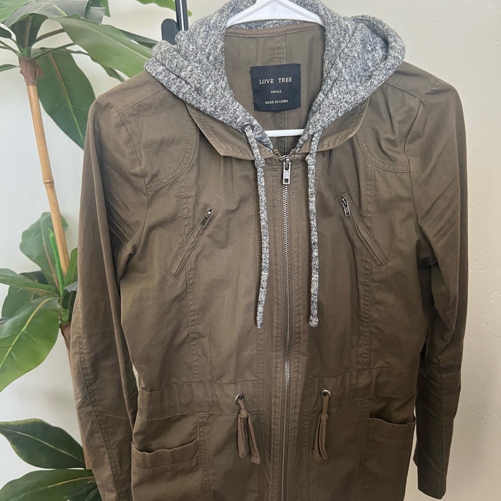 Love Tree Khaki Jacket with Heathered Gray Hood